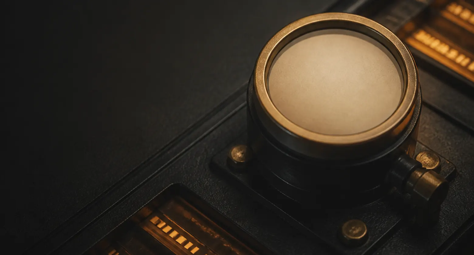 A sealed gauge with no needle on a dark console, surrounded by public data readouts