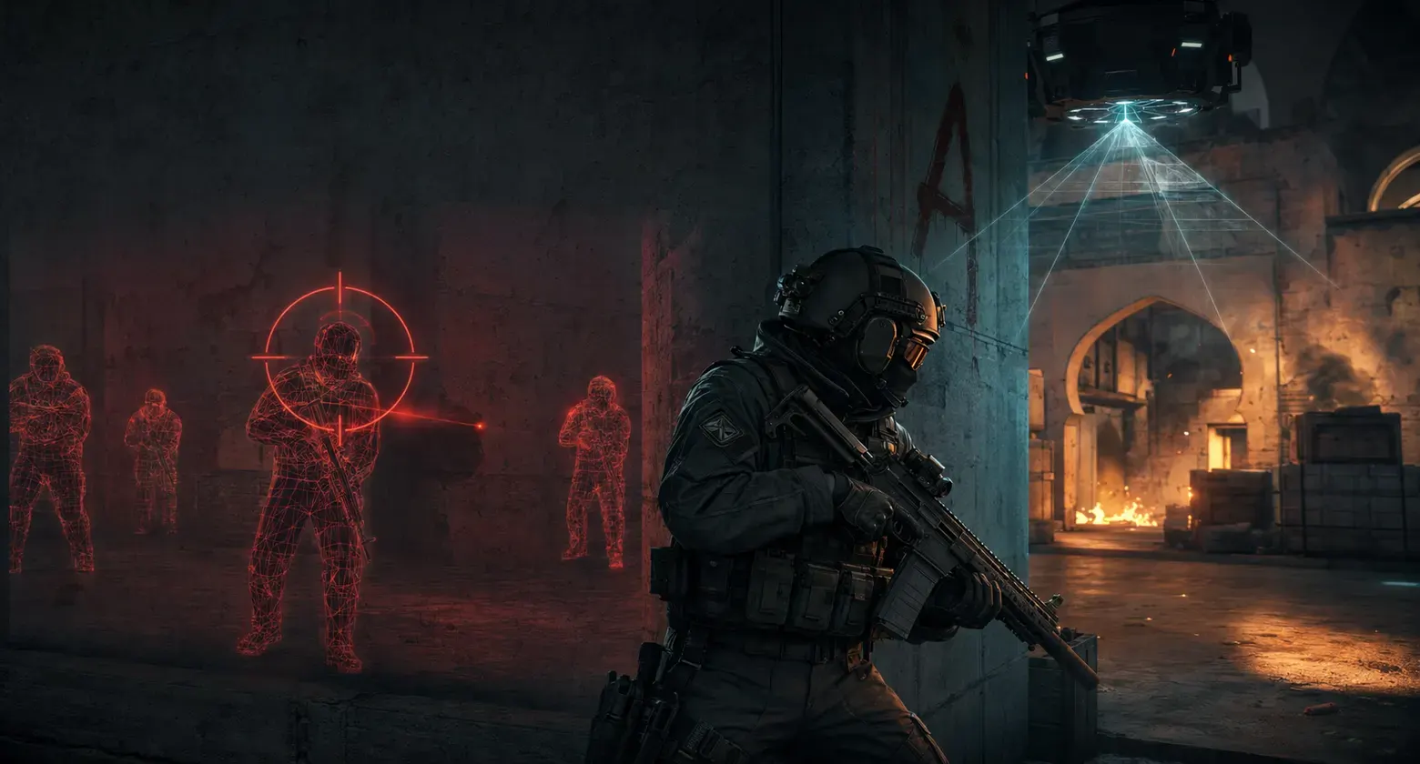 CS2 operator beside a wireframe overlay highlighting an enemy team