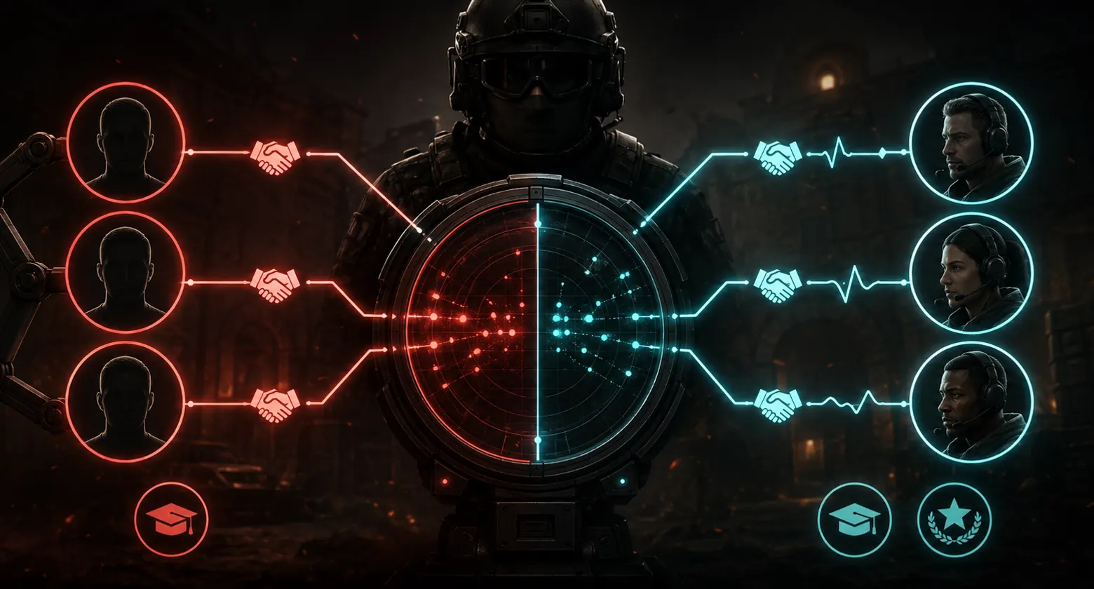 Operator watching a row of bot-farm accounts on the left and a manual commend team on the right