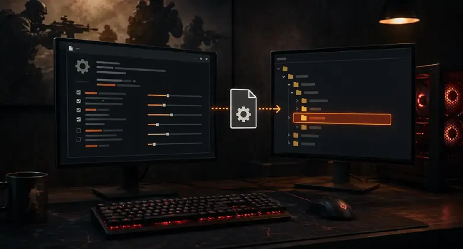 Config file icon transferring settings into a game folder structure on a dual-monitor gaming setup