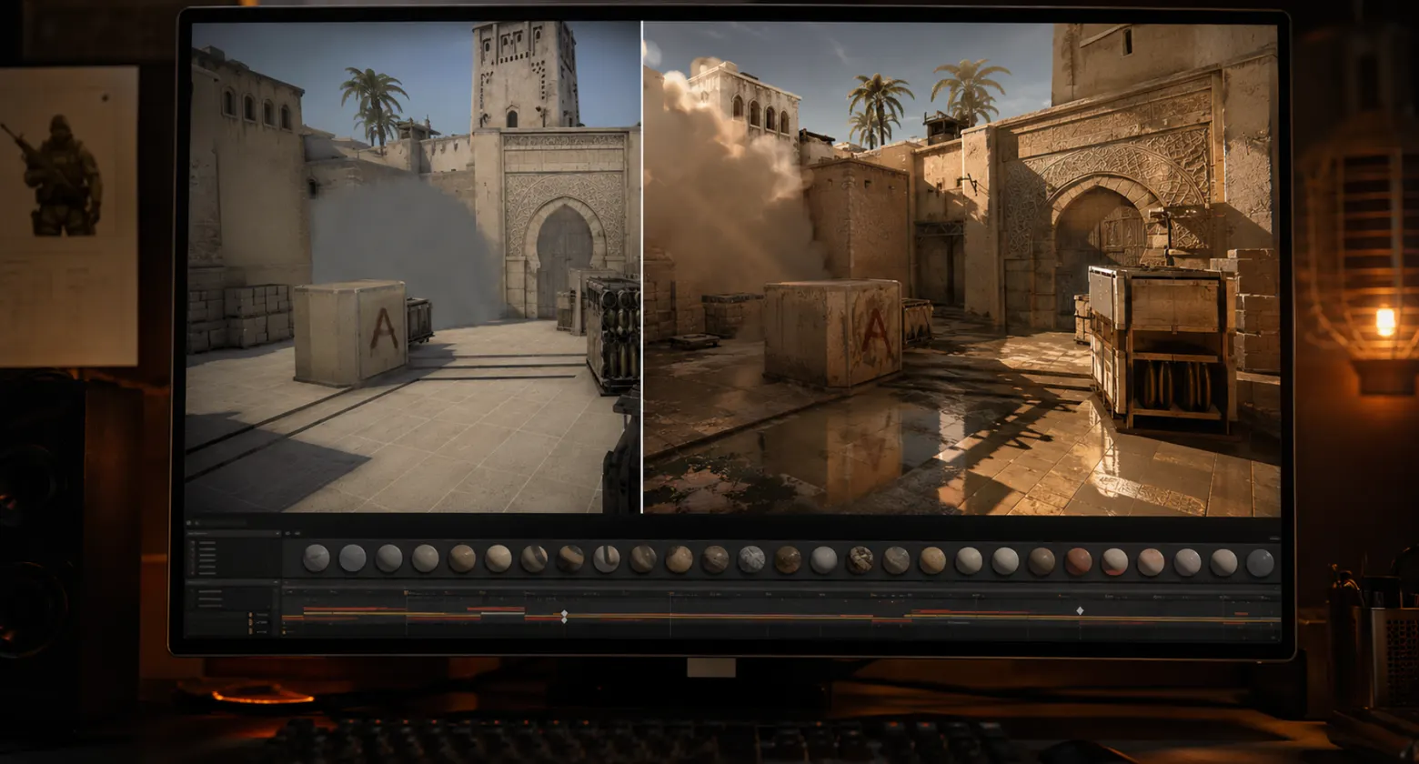 Before-and-after comparison of Source 2 lighting on a CS2 bomb site with smoke and palm trees