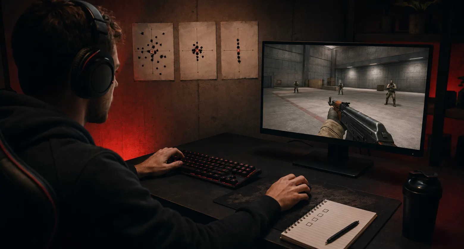 First-person view aiming down sights at practice bots in a CS:GO training map
