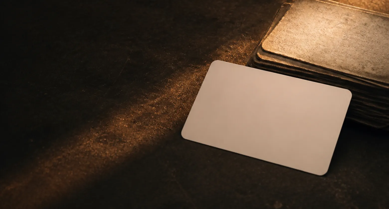 An unstamped new account card beside weathered older cards on a dark workbench