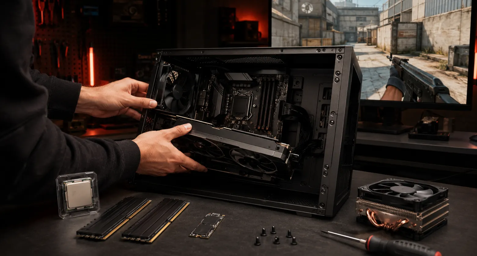 PC components laid out on a desk: CPU, motherboard, RAM and graphics card next to a monitor showing CS2