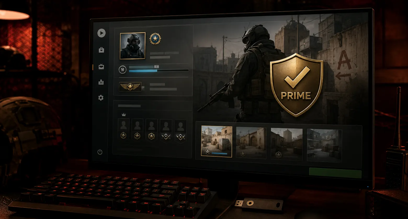 Golden Prime status shield badge standing beside a CS:GO in-game card