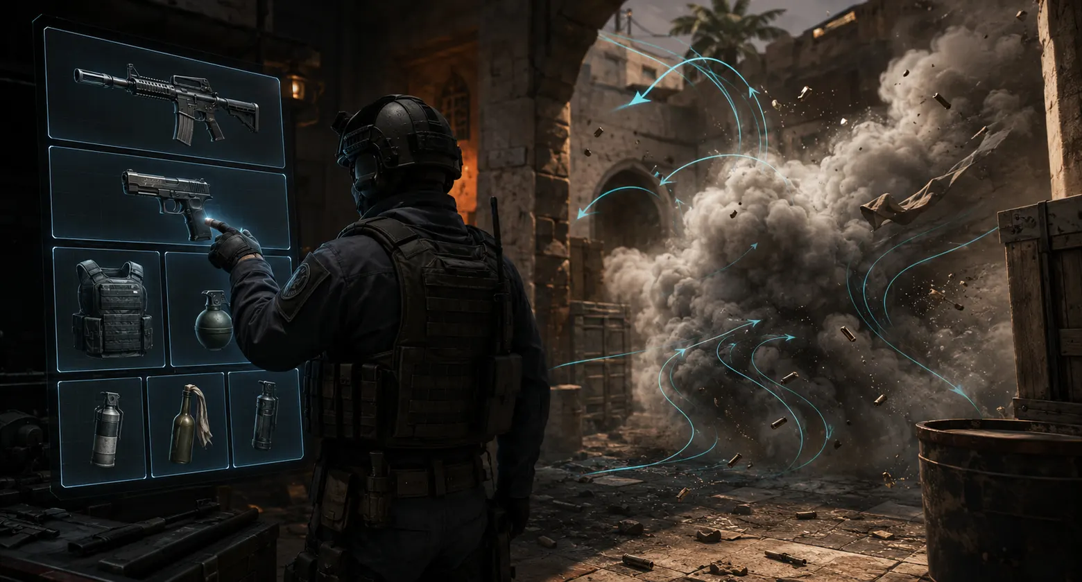CS2 operator with holographic loadout icons beside a smoke and debris cloud