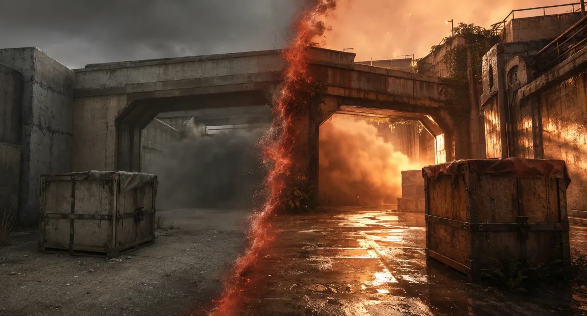 Split comparison of a CS2 map archway rendered in old flat lighting versus Source 2 with dynamic fire and volumetric glow