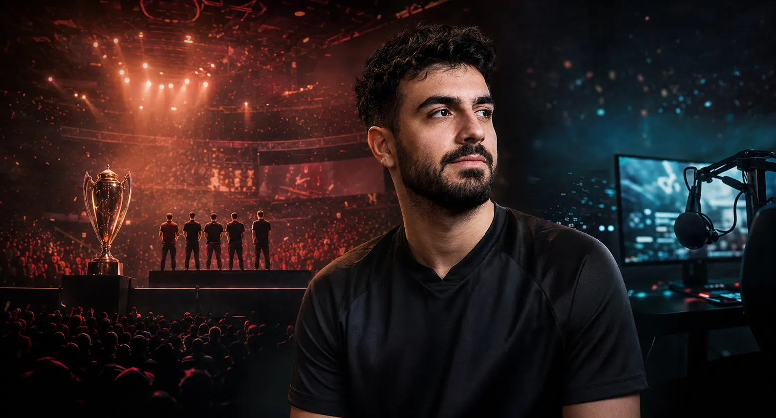 Pro CS player portrait with a championship trophy on stage in the background