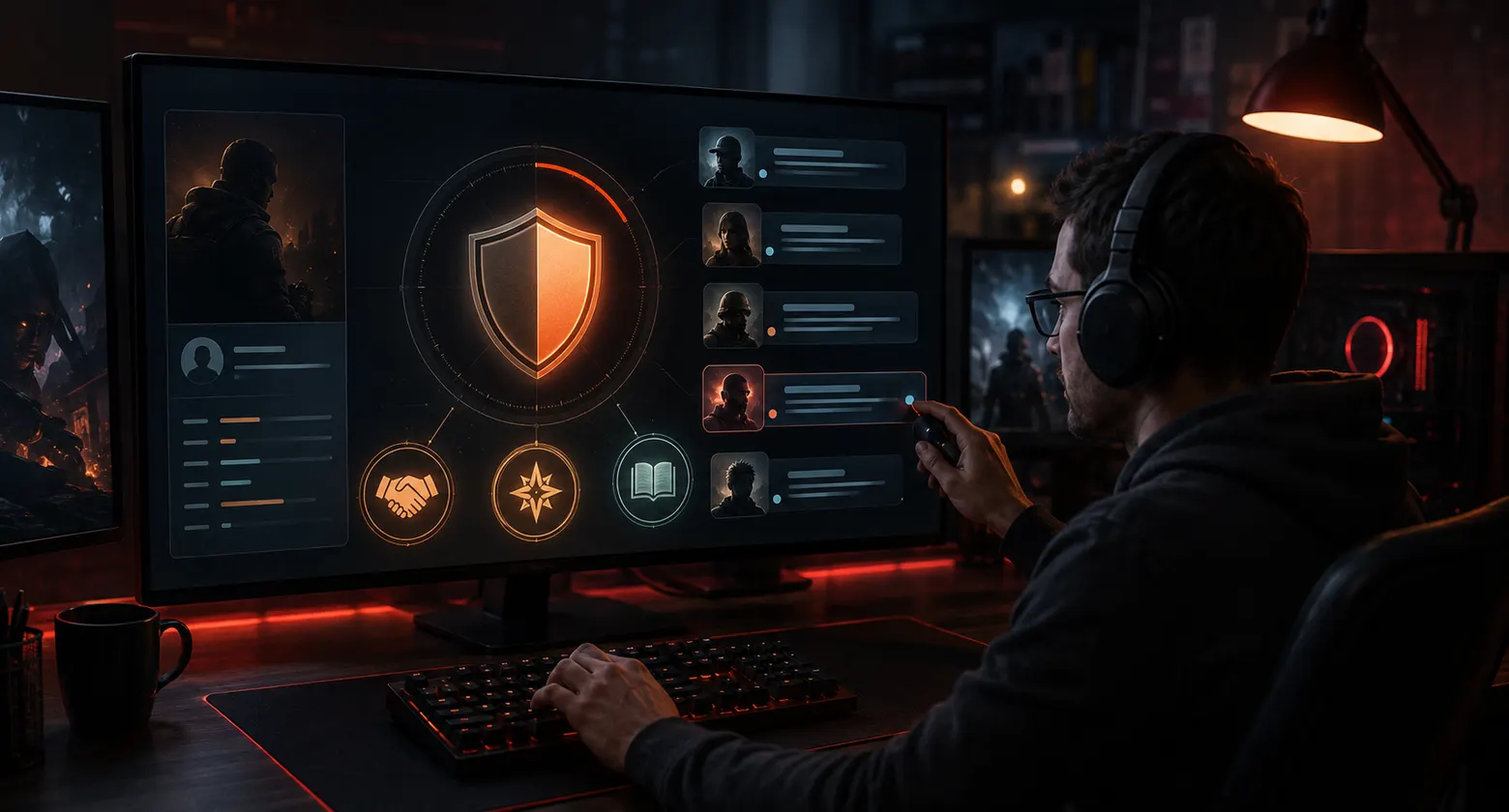 Trust Factor shield on a monitor linked to profile comment threads and handshake, star, and book icons