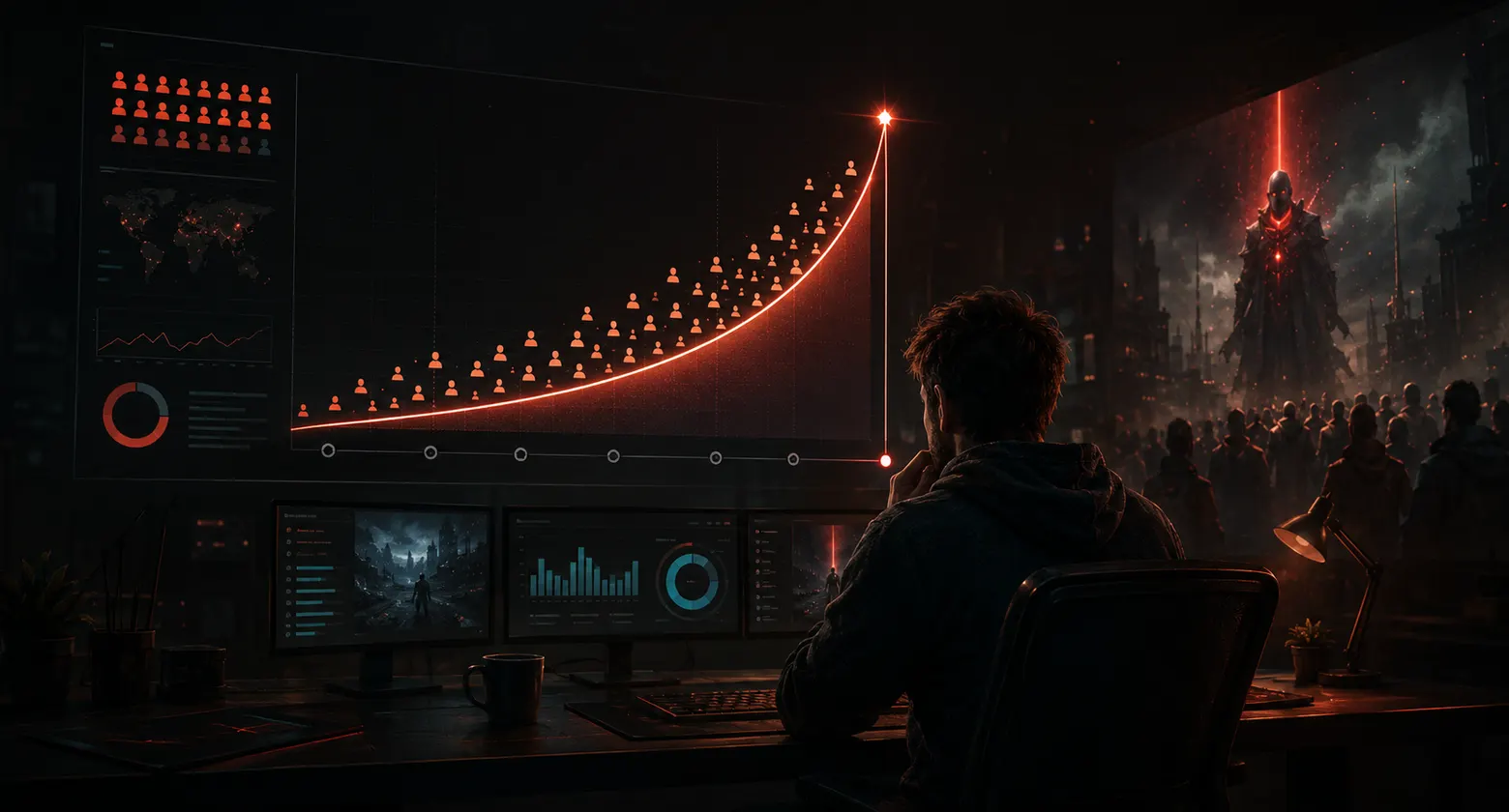 Wishlist growth curve on a monitor beside a fantasy game hero silhouette