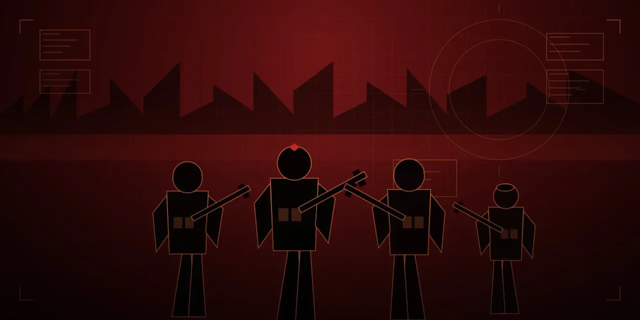 Four dark player silhouettes with rifles under a red skyline, a thin crosshair ring and HUD markers drawn over them