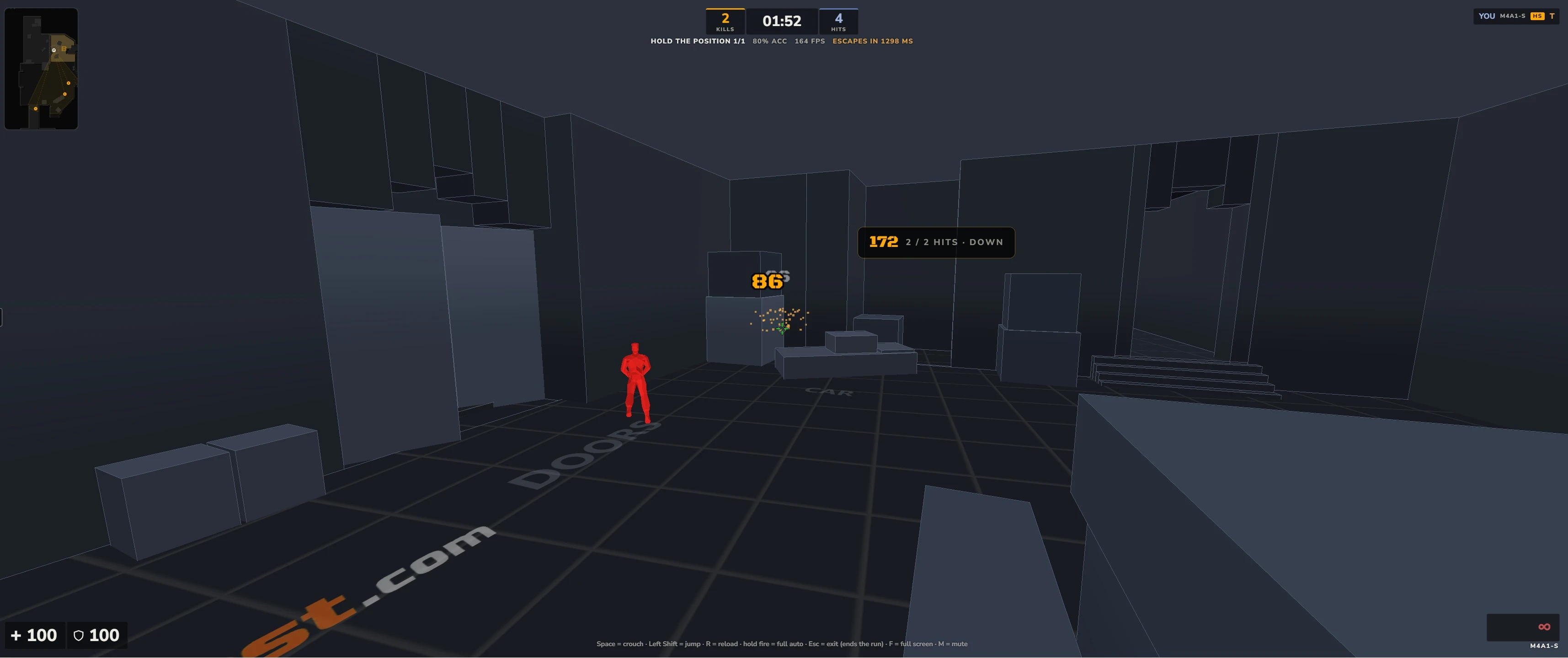 ImbaAim in play: defending bombsite B on Dust2, a terrorist model coming through Doors, with damage numbers where the bullets landed